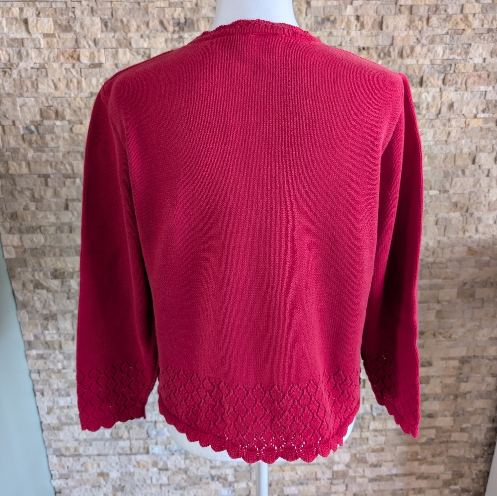 Vintage Villager Red Pointelle Knit Scalloped Edge Pullover Cotton Sweater MP image 2